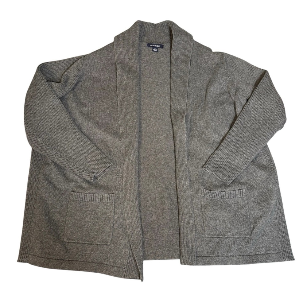 Lands End Womens 2XL Gray100% Cotton Open Front Knit‎ Pockets Cardigan Grandma